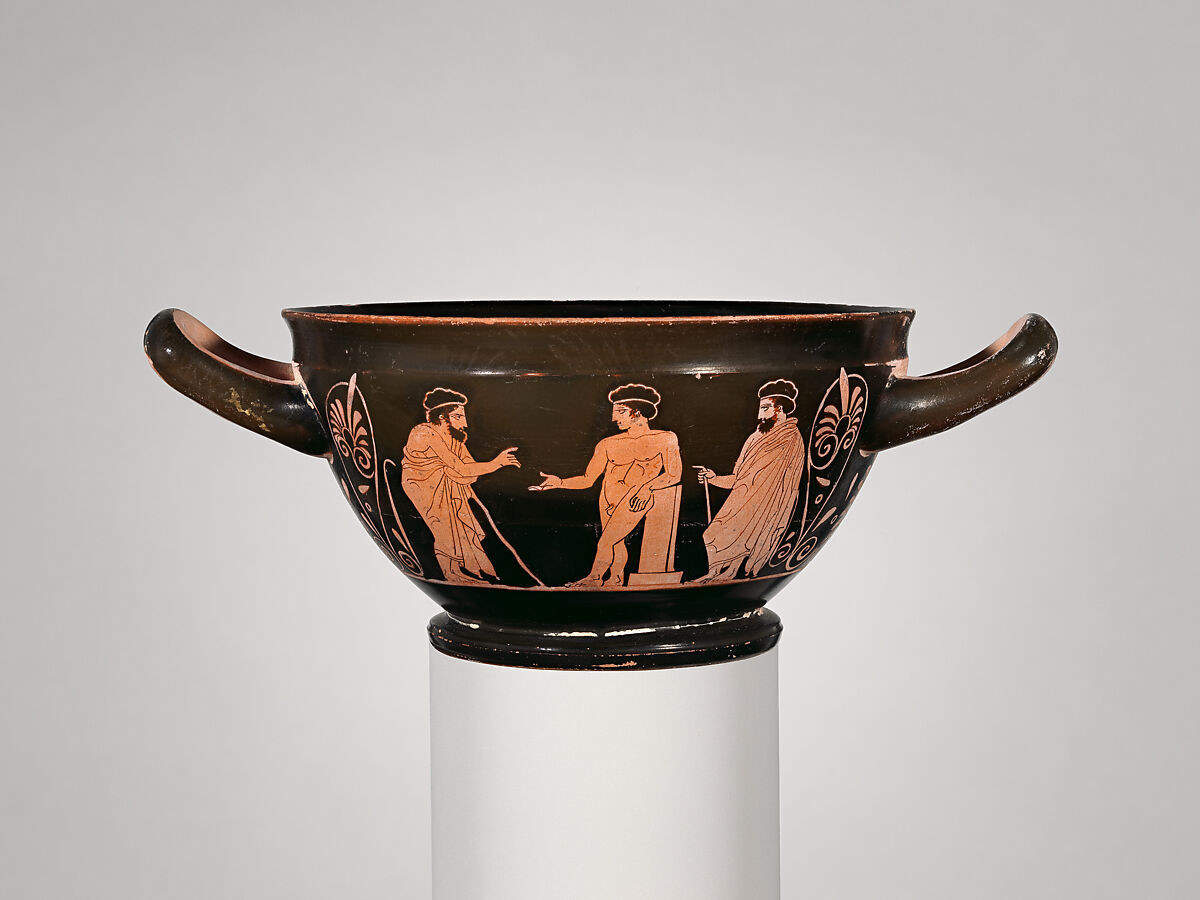 Terracotta skyphos (deep drinking cup), Attributed to Polion, Terracotta, Greek, Attic 