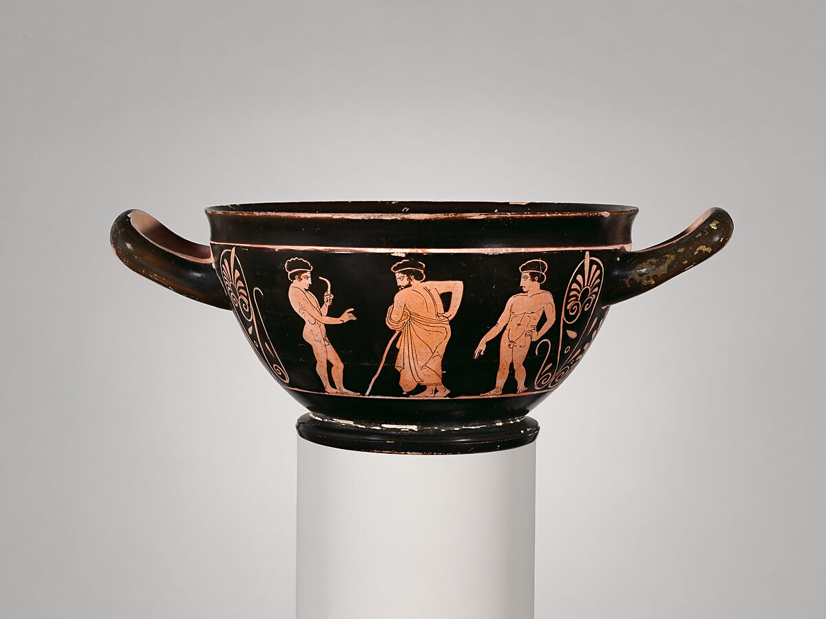 Terracotta skyphos (deep drinking cup), Attributed to Polion, Terracotta, Greek, Attic