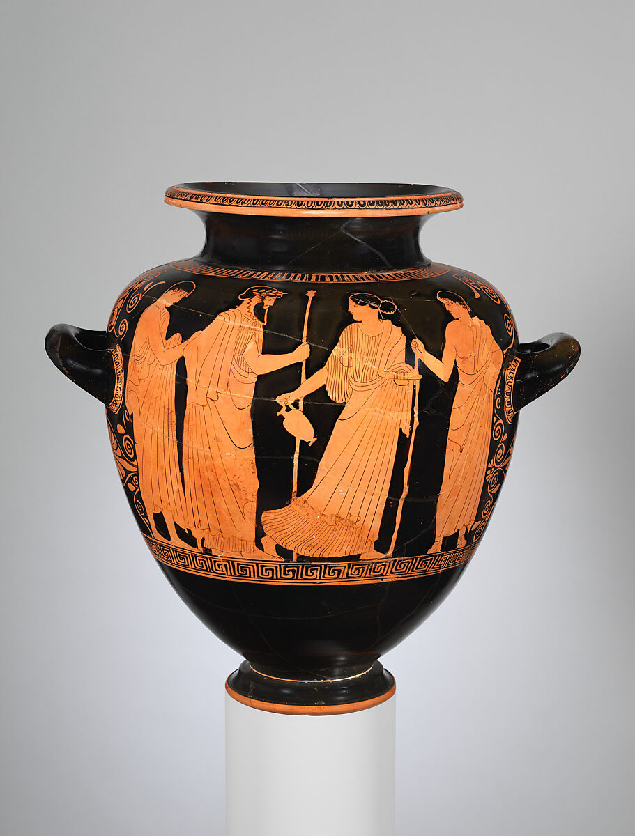 Terracotta stamnos (jar) with lid, Attributed to the Villa Giulia Painter, Terracotta, Greek, Attic