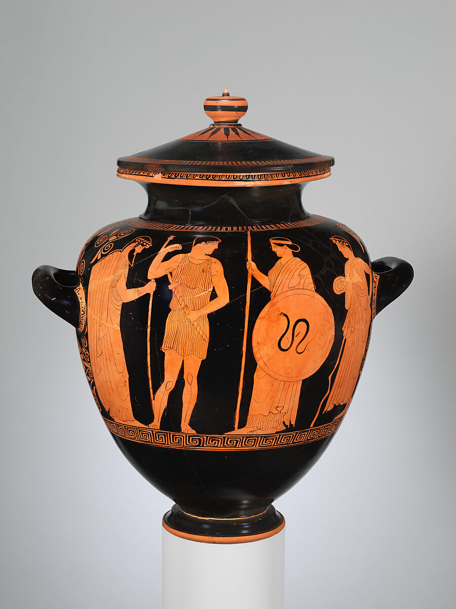 Terracotta stamnos (jar) with lid, Attributed to the Villa Giulia Painter, Terracotta, Greek, Attic 