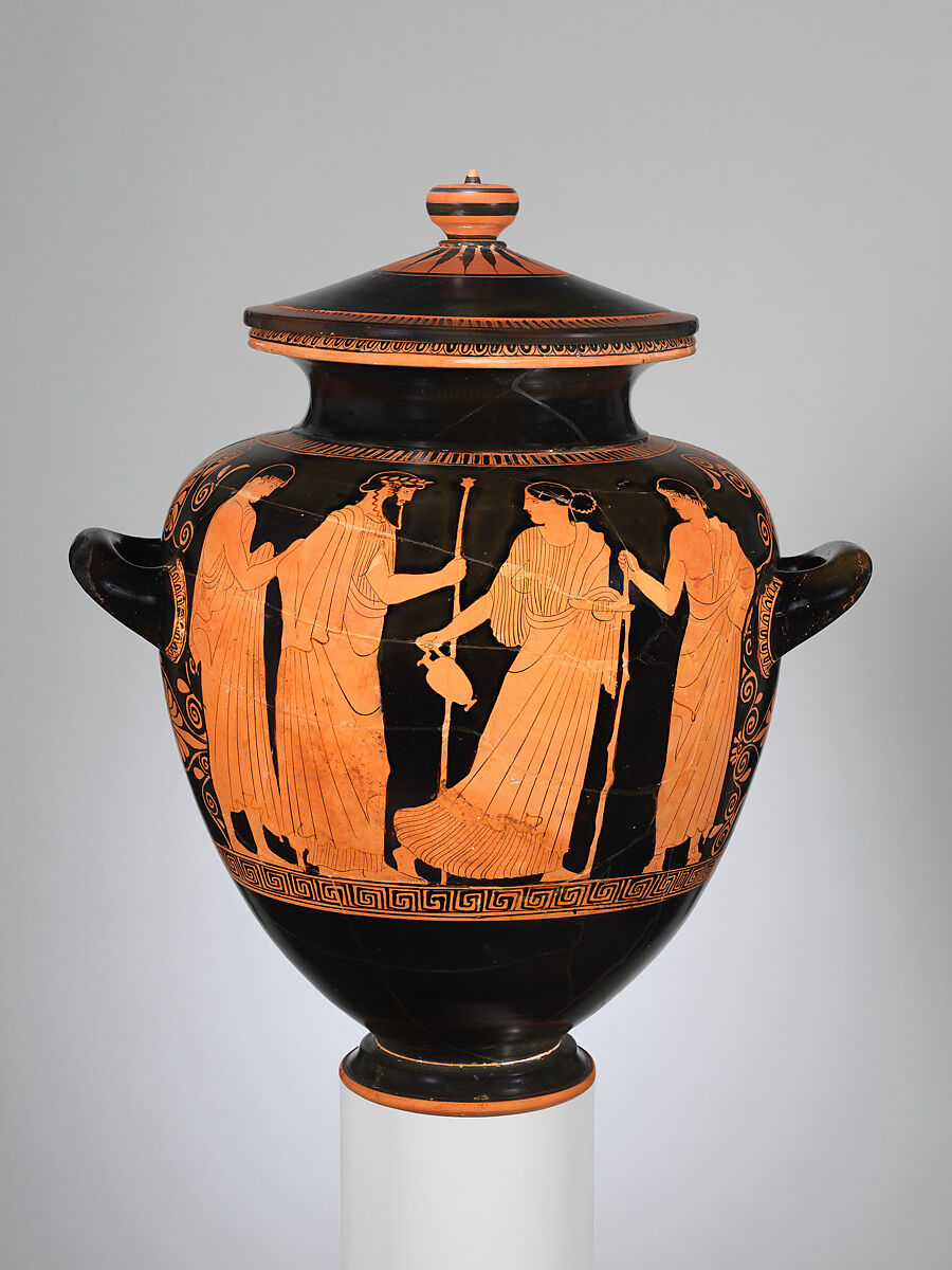 Terracotta stamnos (jar) with lid, Attributed to the Villa Giulia Painter, Terracotta, Greek, Attic