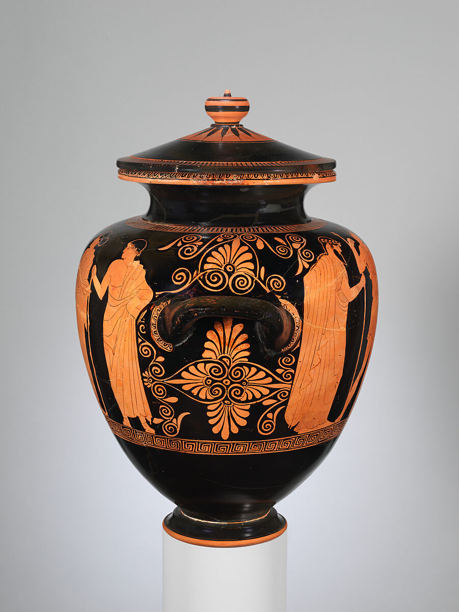 Terracotta stamnos (jar) with lid, Attributed to the Villa Giulia Painter, Terracotta, Greek, Attic