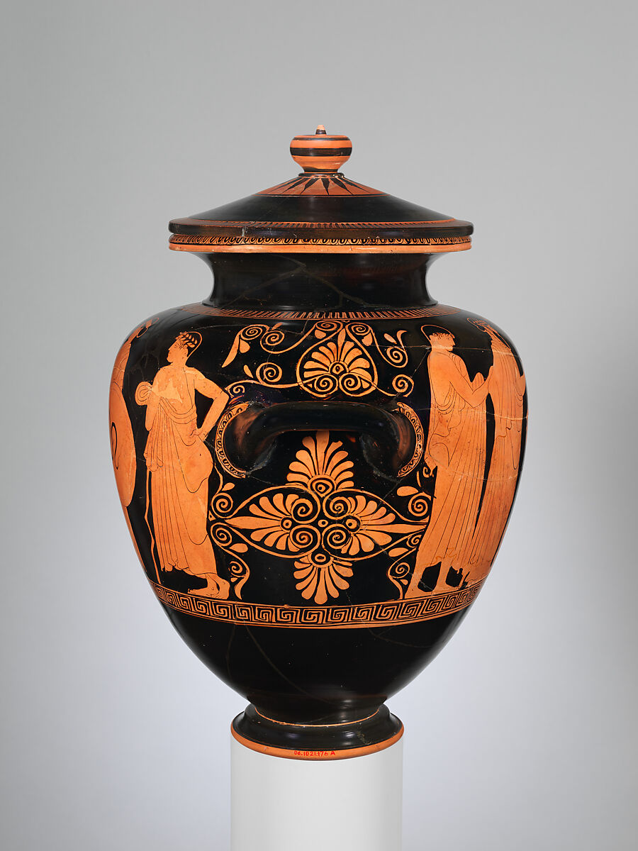 Terracotta stamnos (jar) with lid, Attributed to the Villa Giulia Painter, Terracotta, Greek, Attic