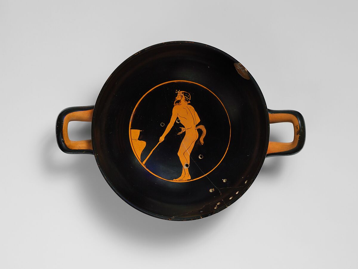 Terracotta kylix (drinking cup), Attributed to the Euaion Painter, Terracotta, Greek, Attic 