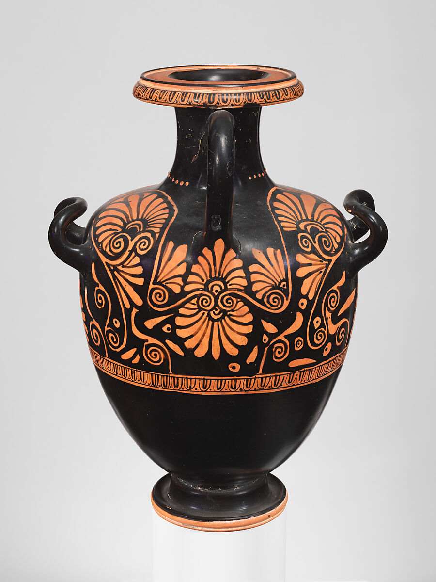 Terracotta hydria: kalpis (water jar), Terracotta, Greek, Attic