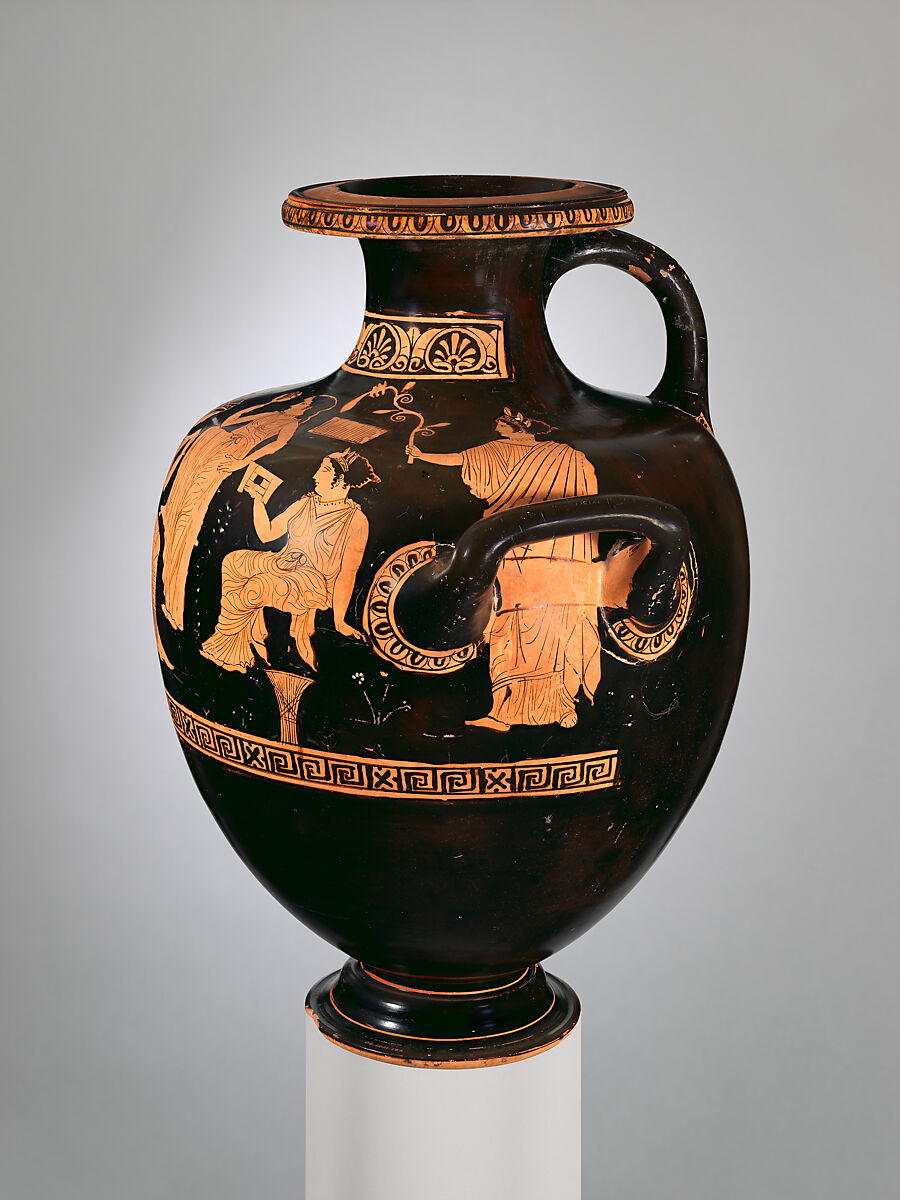 Terracotta hydria: kalpis (water jar), Attributed to the Chrysis Painter (namepiece), Terracotta, Greek, Attic