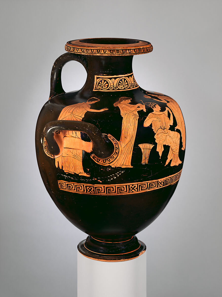 Terracotta hydria: kalpis (water jar), Attributed to the Chrysis Painter (namepiece), Terracotta, Greek, Attic