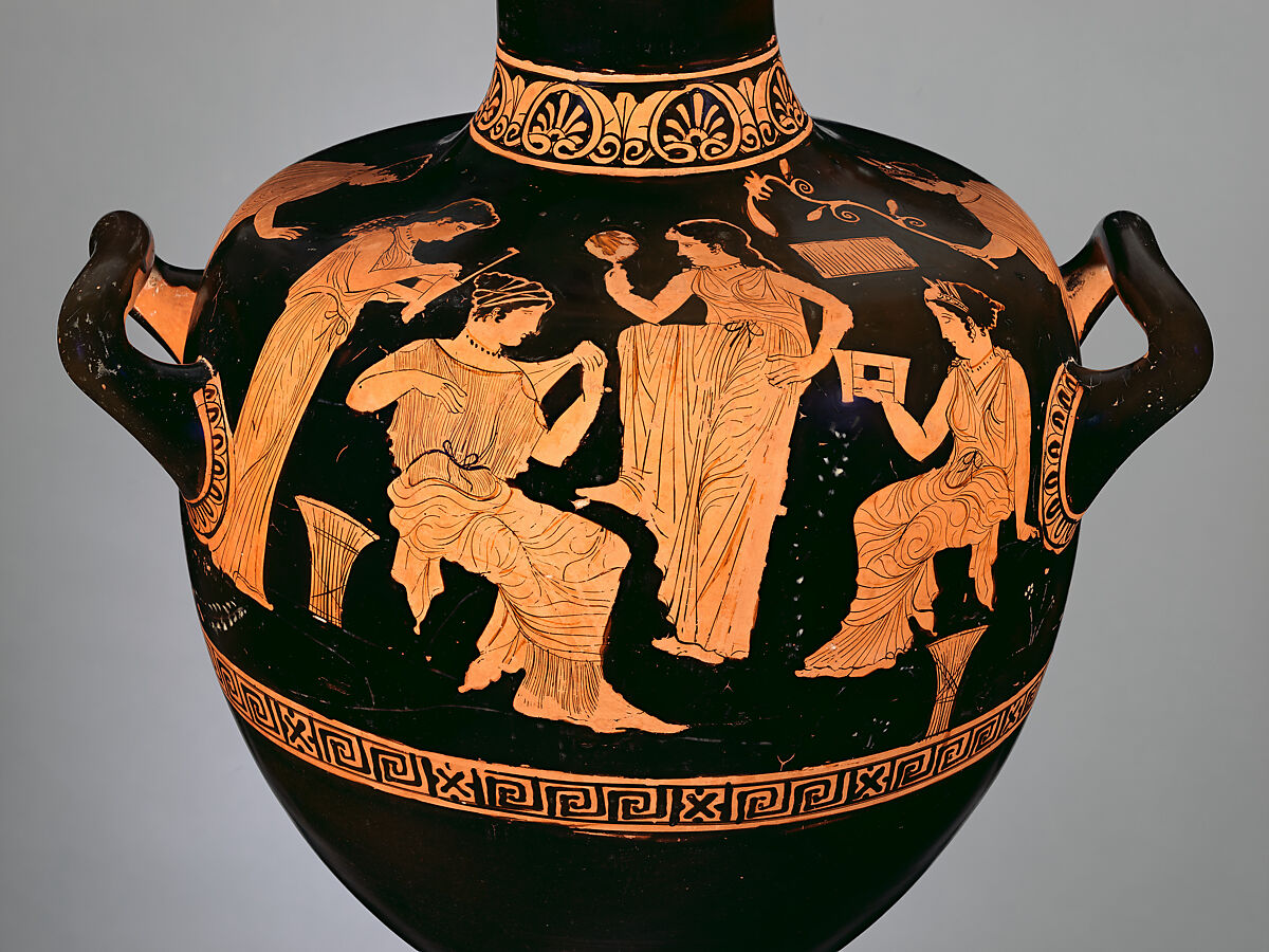 Terracotta hydria: kalpis (water jar), Attributed to the Chrysis Painter (namepiece), Terracotta, Greek, Attic