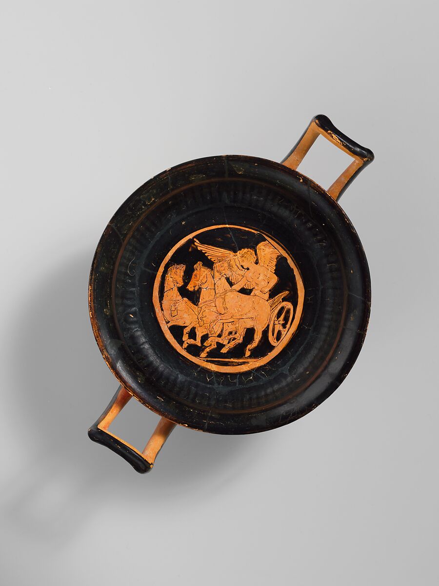 Terracotta kylix (drinking cup), Compared with a work near the Jena Painter, Terracotta, Greek, Attic 