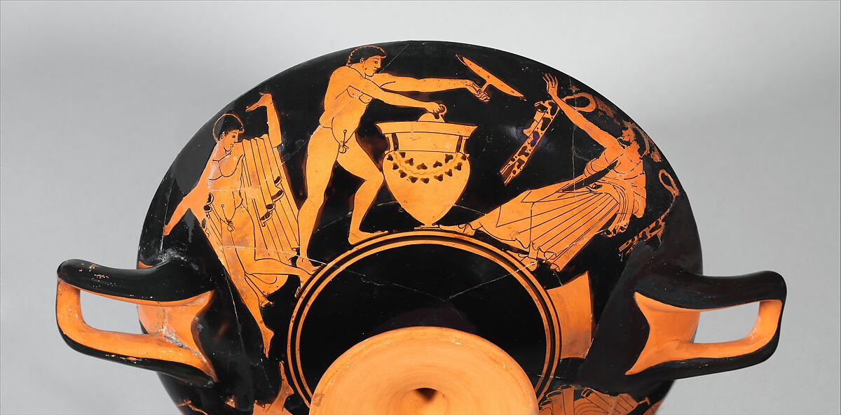 Terracotta kylix (drinking cup), Attributed to the Dokimasia Painter, Terracotta, Greek, Attic