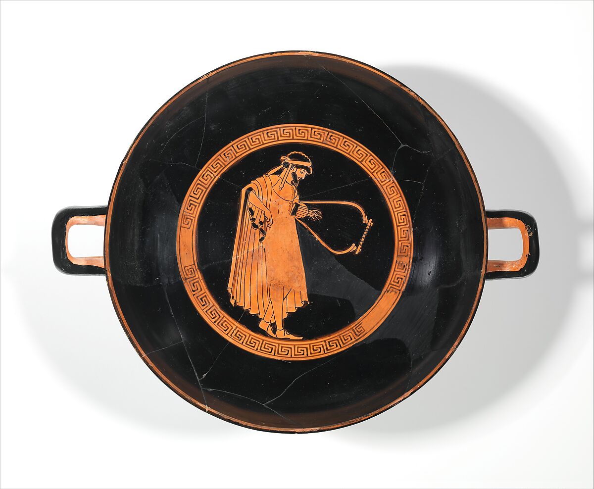 Terracotta kylix (drinking cup), Attributed to the Dokimasia Painter, Terracotta, Greek, Attic 