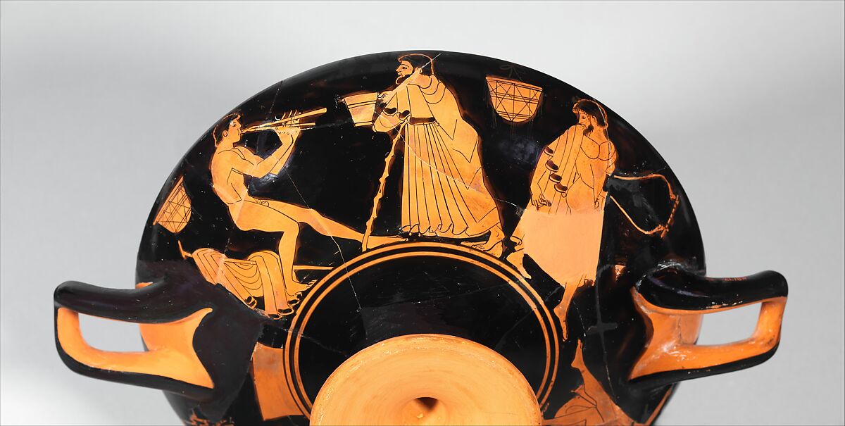 Terracotta kylix (drinking cup), Attributed to the Dokimasia Painter, Terracotta, Greek, Attic