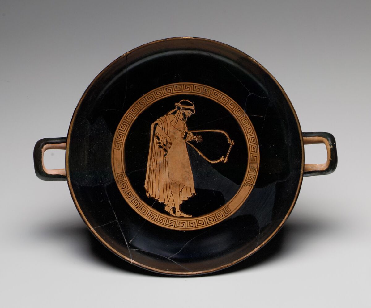 Terracotta kylix (drinking cup), Attributed to the Dokimasia Painter, Terracotta, Greek, Attic