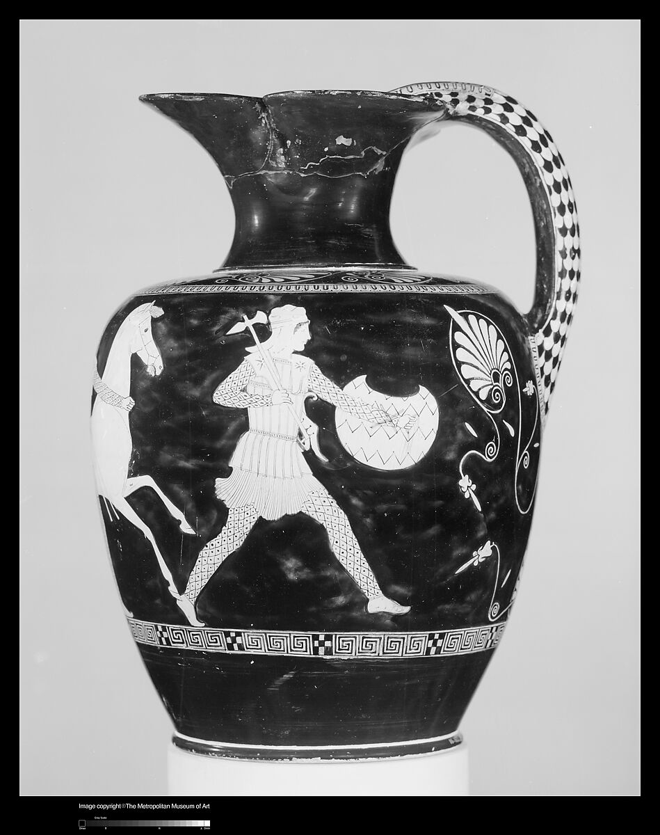 Terracotta oinochoe (jug), Attributed to the Mannheim Painter, Terracotta, Greek, Attic 