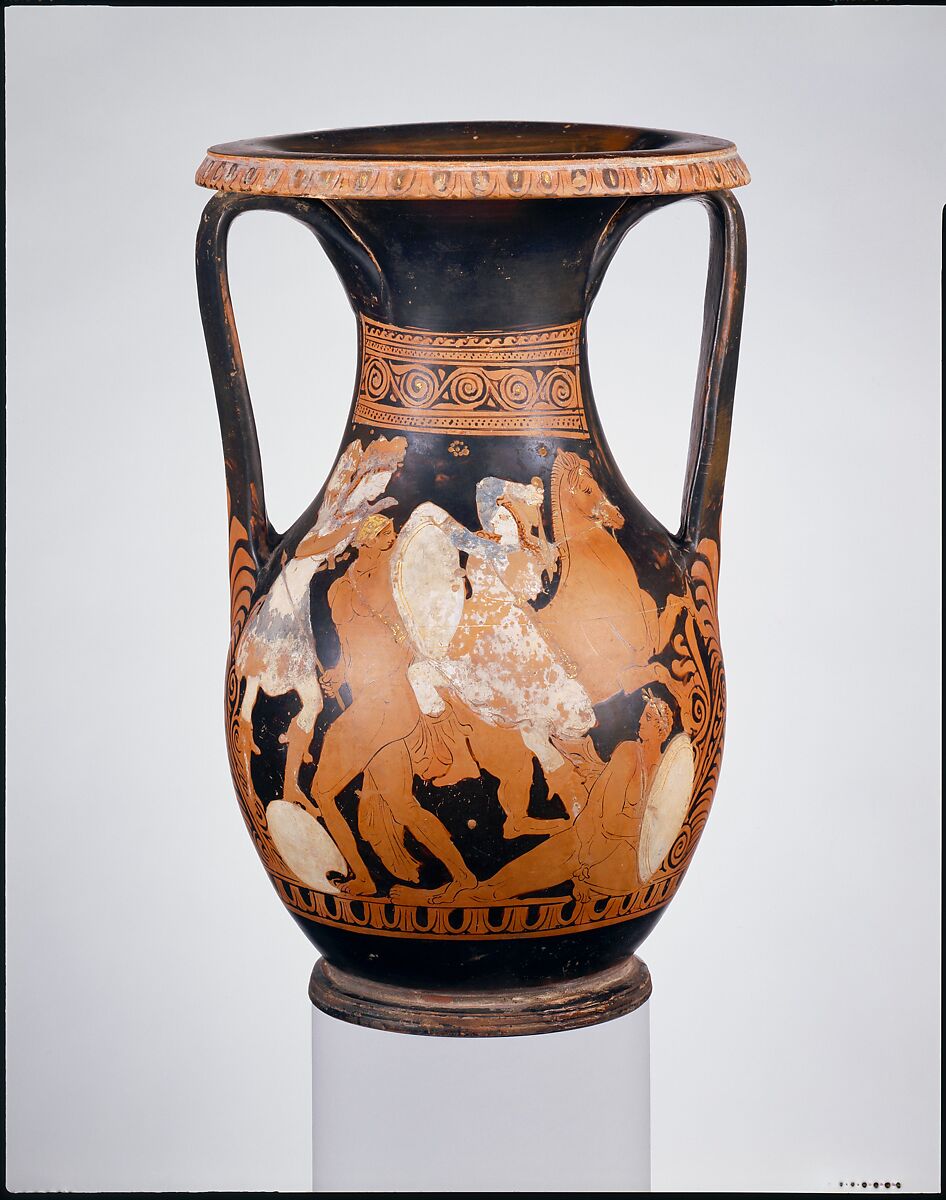 Terracotta pelike (wine jar), Attributed to the Amazon Painter, Terracotta, Greek, Attic 