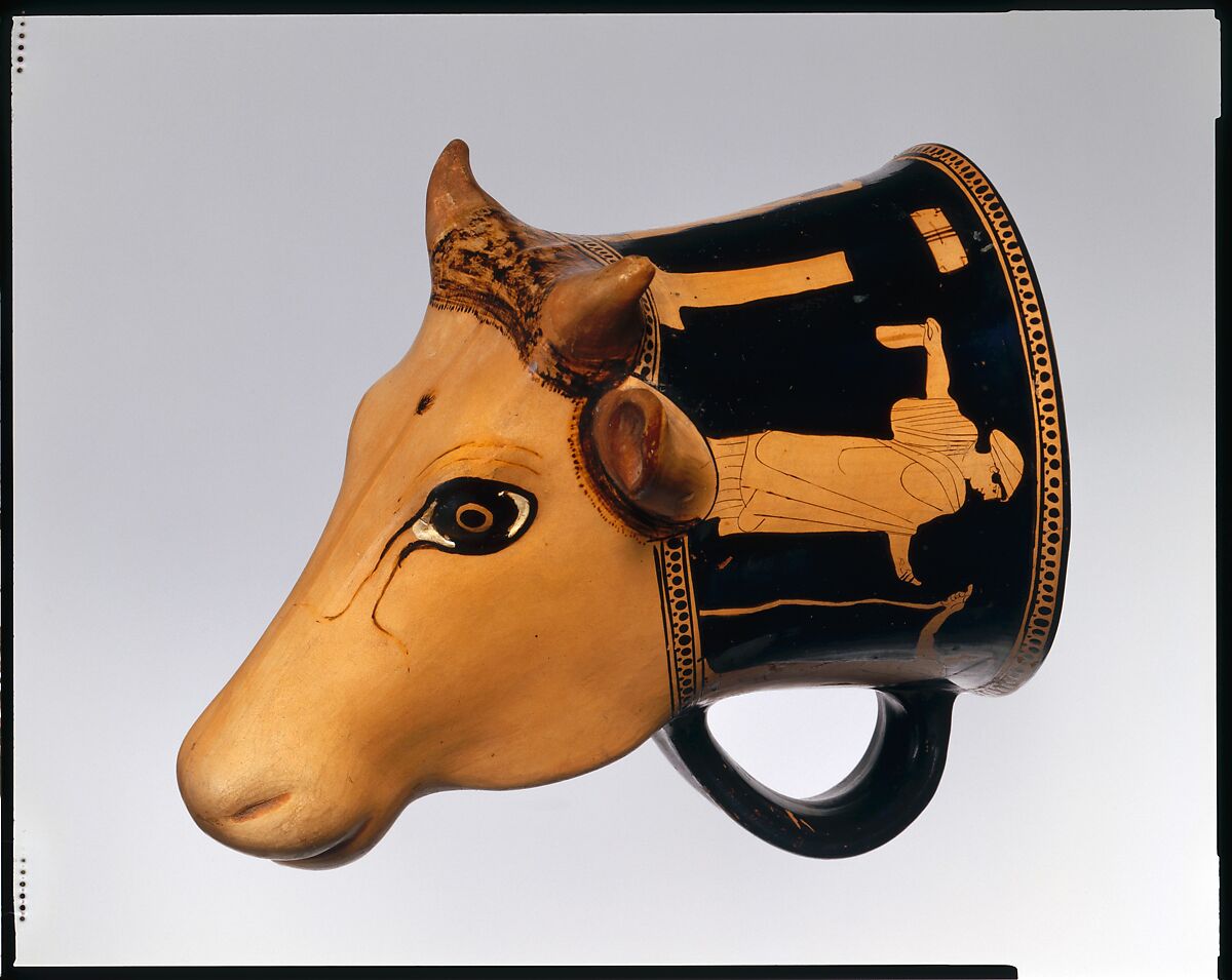 Terracotta rhyton (vase for libations or drinking), Attributed to the Cow-Head Group, Terracotta, Greek, Attic 