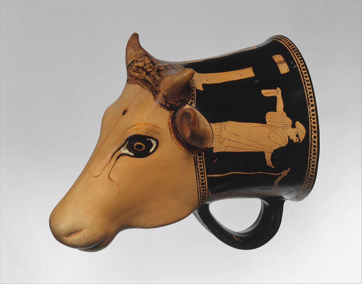 Terracotta rhyton (vase for libations or drinking), Attributed to the Cow-Head Group, Terracotta, Greek, Attic