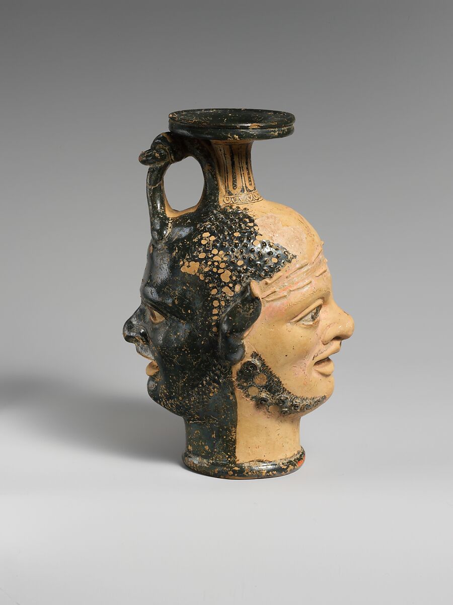 Terracotta vase with janiform heads, Terracotta, Etruscan