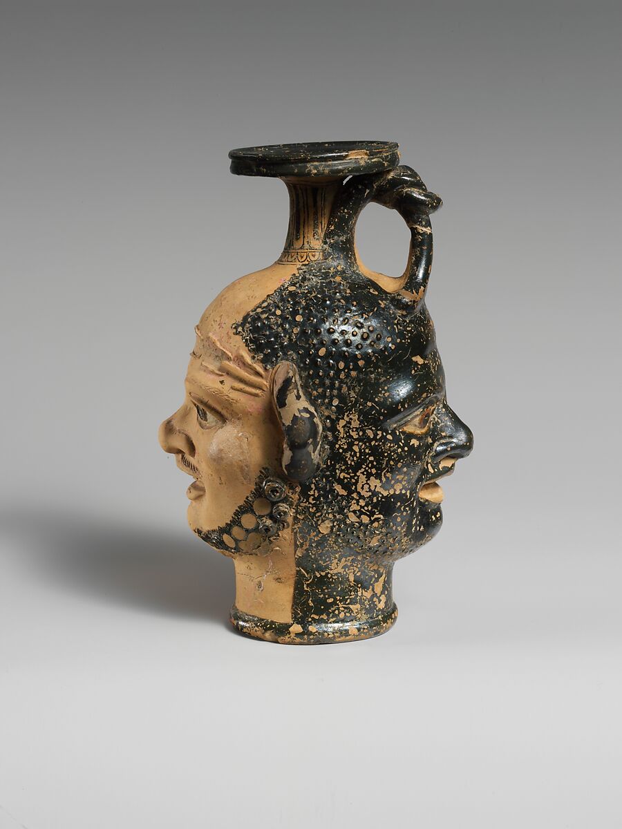 Terracotta vase with janiform heads, Terracotta, Etruscan