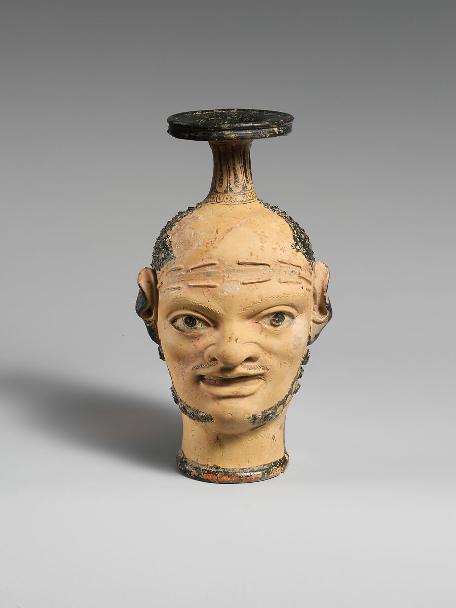 Terracotta vase with janiform heads, Terracotta, Etruscan 