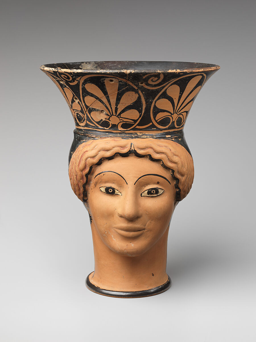 Terracotta mug in the form of a woman's head, Attributed to Class G: The London Class of Head Vases, Terracotta, Greek, Attic 