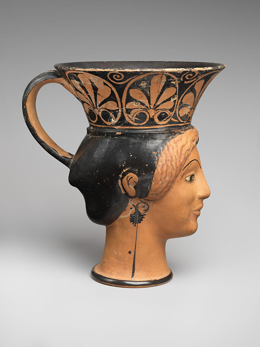Terracotta mug in the form of a woman's head, Attributed to Class G: The London Class of Head Vases, Terracotta, Greek, Attic