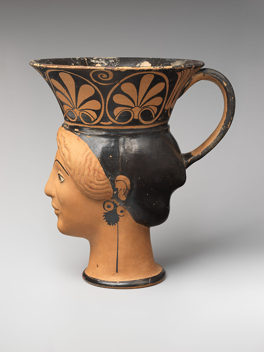 Terracotta mug in the form of a woman's head, Attributed to Class G: The London Class of Head Vases, Terracotta, Greek, Attic