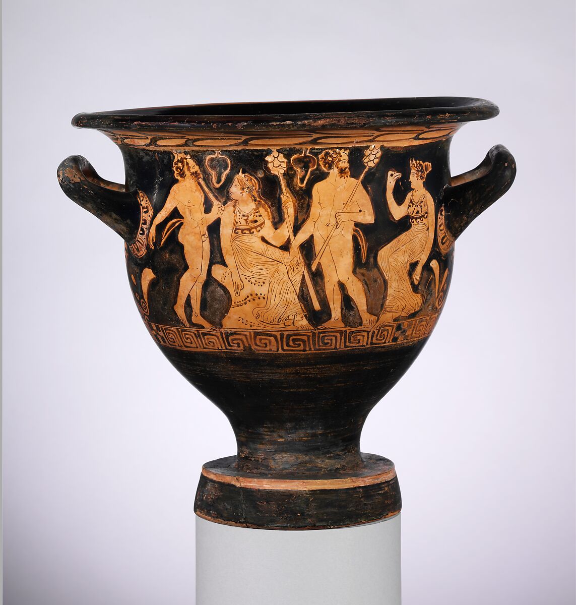 Terracotta bell-krater (vase for mixing wine and water), Attributed to the Meleager Painter, Terracotta, Greek, Attic 