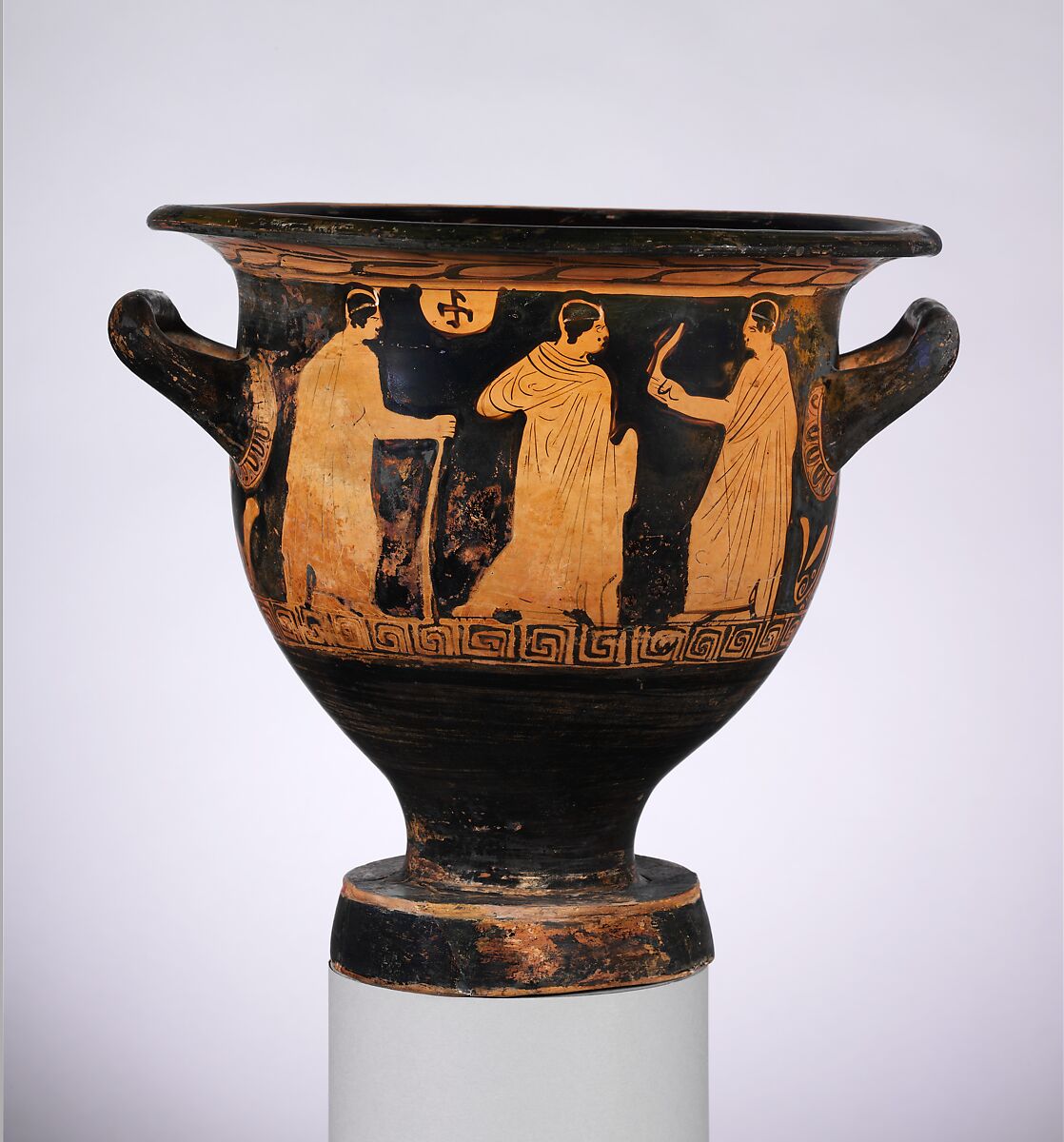 Terracotta bell-krater (vase for mixing wine and water), Attributed to the Meleager Painter, Terracotta, Greek, Attic
