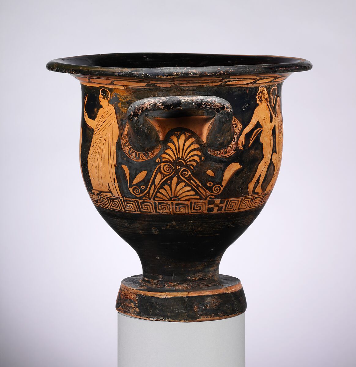 Terracotta bell-krater (vase for mixing wine and water), Attributed to the Meleager Painter, Terracotta, Greek, Attic