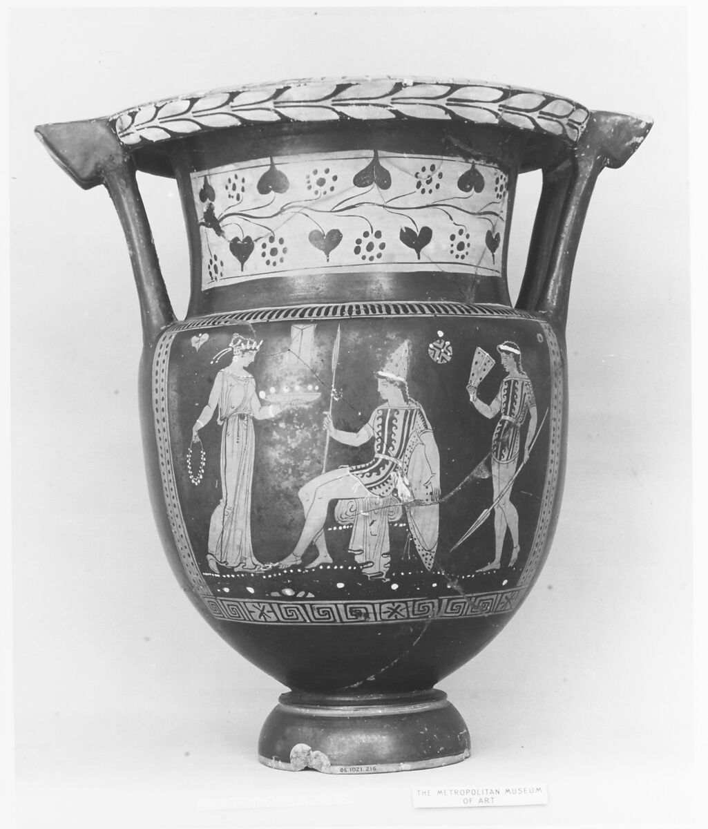 Terracotta column-krater (mixing bowl), Attributed to the Rodin Painter, Terracotta, Greek, South Italian, Apulian 