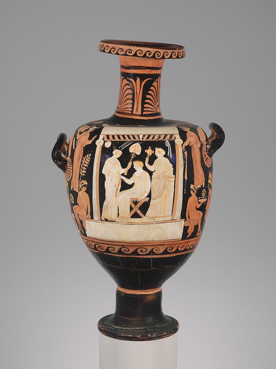 Terracotta hydria (water jar), Attributed to the APZ Painter, Terracotta, Greek, South Italian, Campanian 