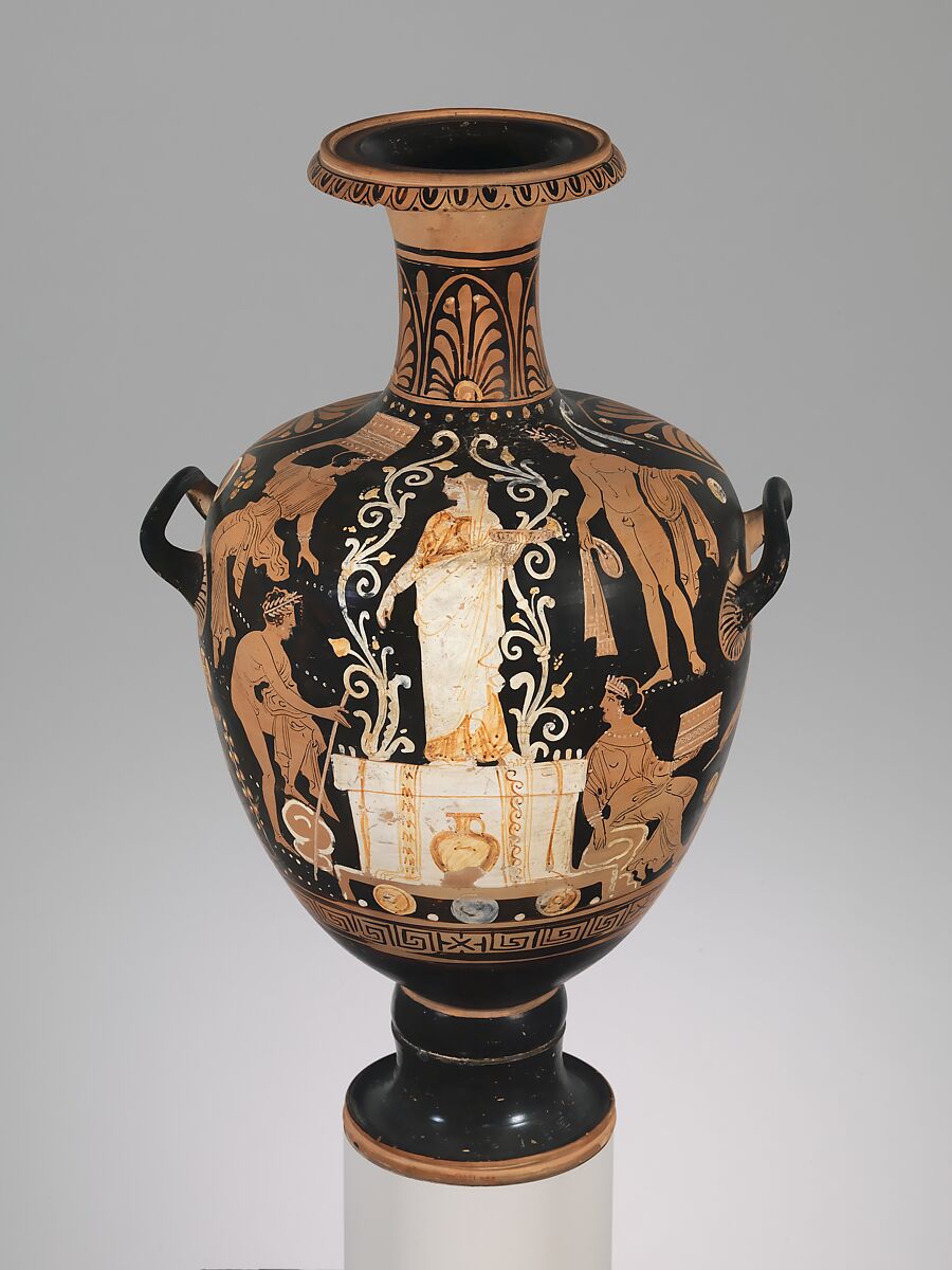 Terracotta hydria (water jar), Attributed to the Olcott Painter, Terracotta, Greek, South Italian, Campanian