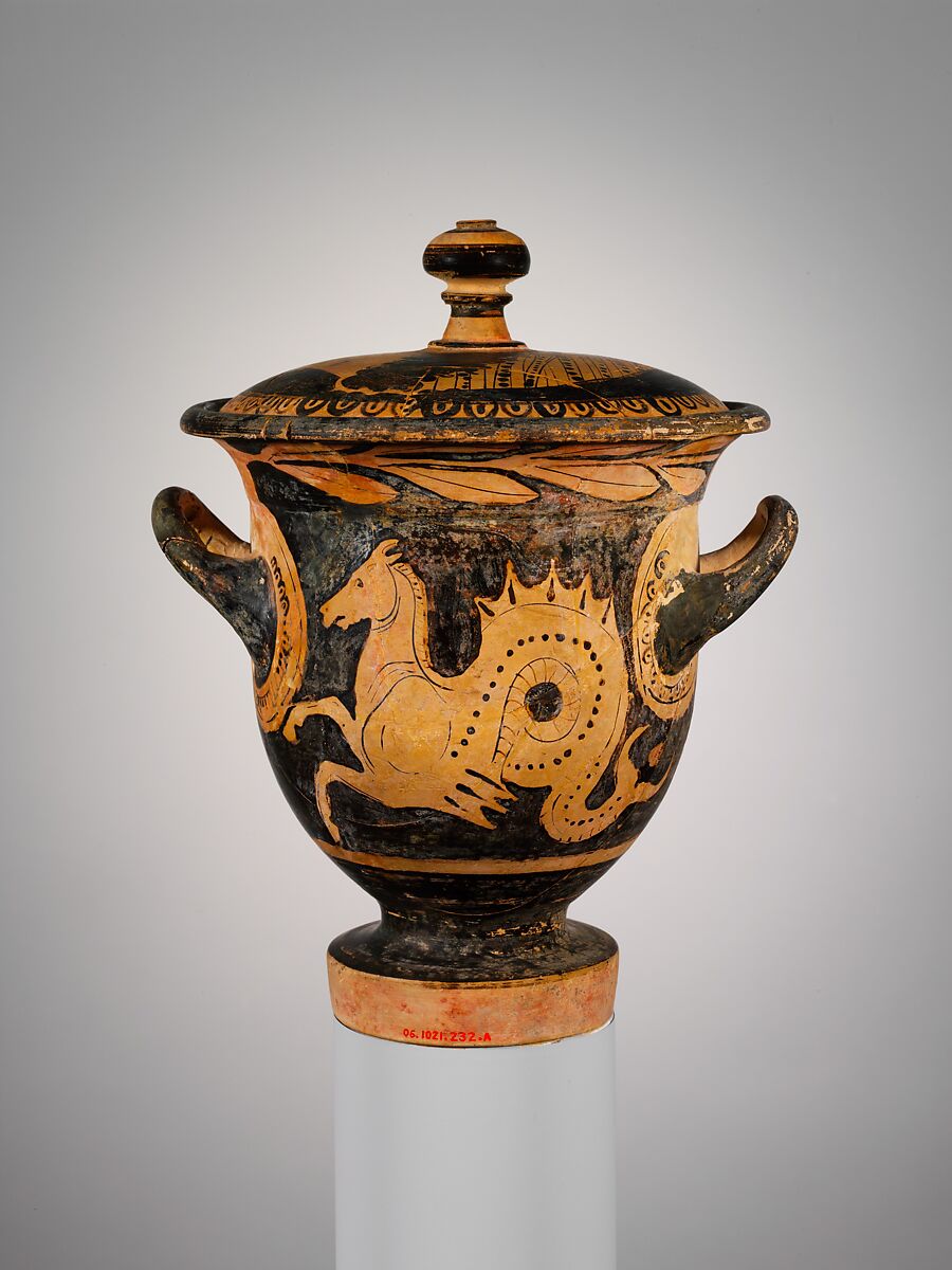 Terracotta bell-krater (mixing bowl) with lid, Attributed to the Group of the Würzburg Scylla, Terracotta, Greek, Boeotian