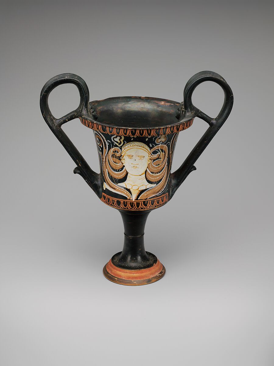Terracotta kantharos (drinking cup with high handles), Attributed to the Painter of Bari 5981, Terracotta, Greek, South Italian, Apulian