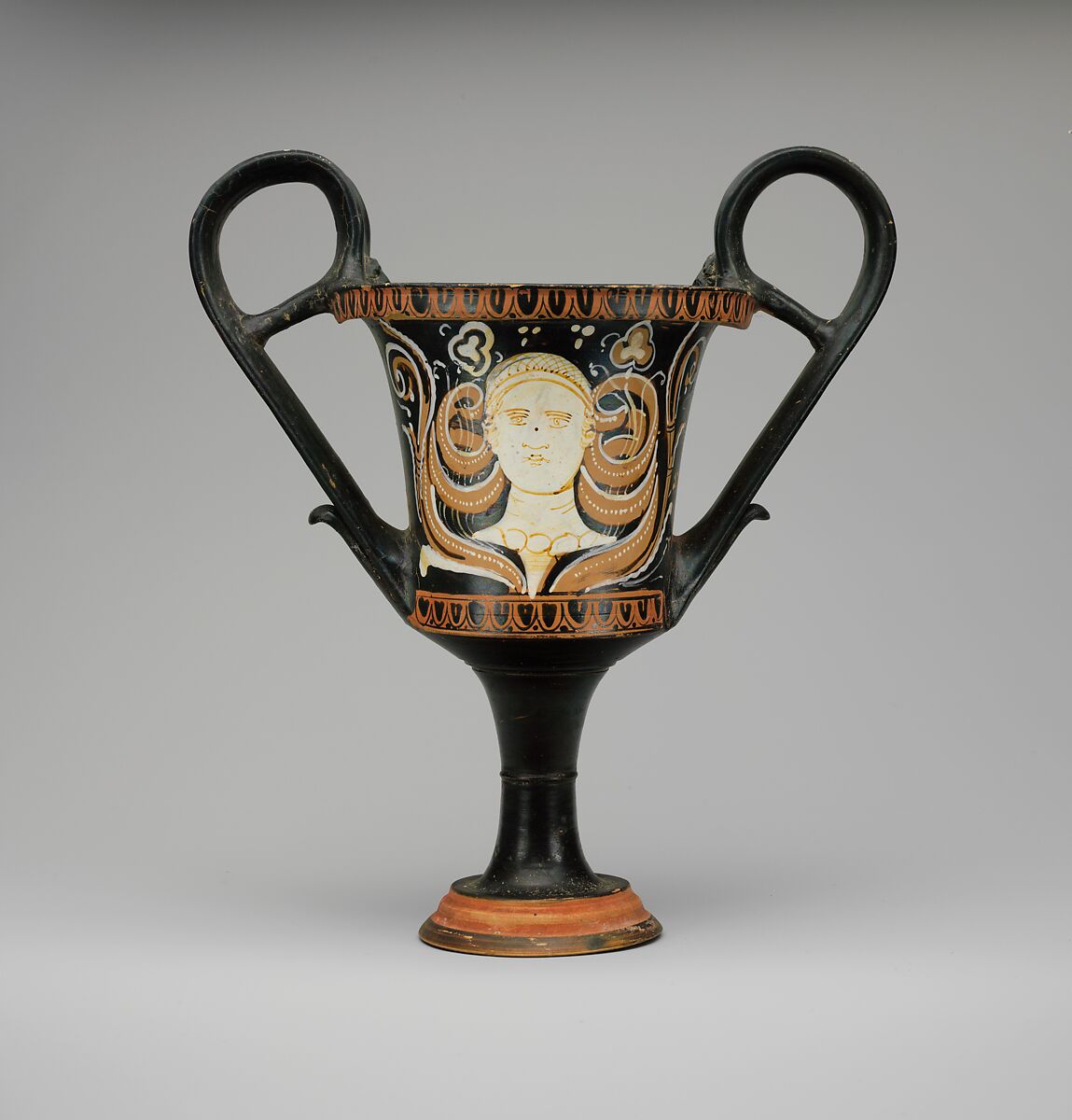Terracotta kantharos (drinking cup with high handles), Attributed to the Painter of Bari 5981, Terracotta, Greek, South Italian, Apulian 
