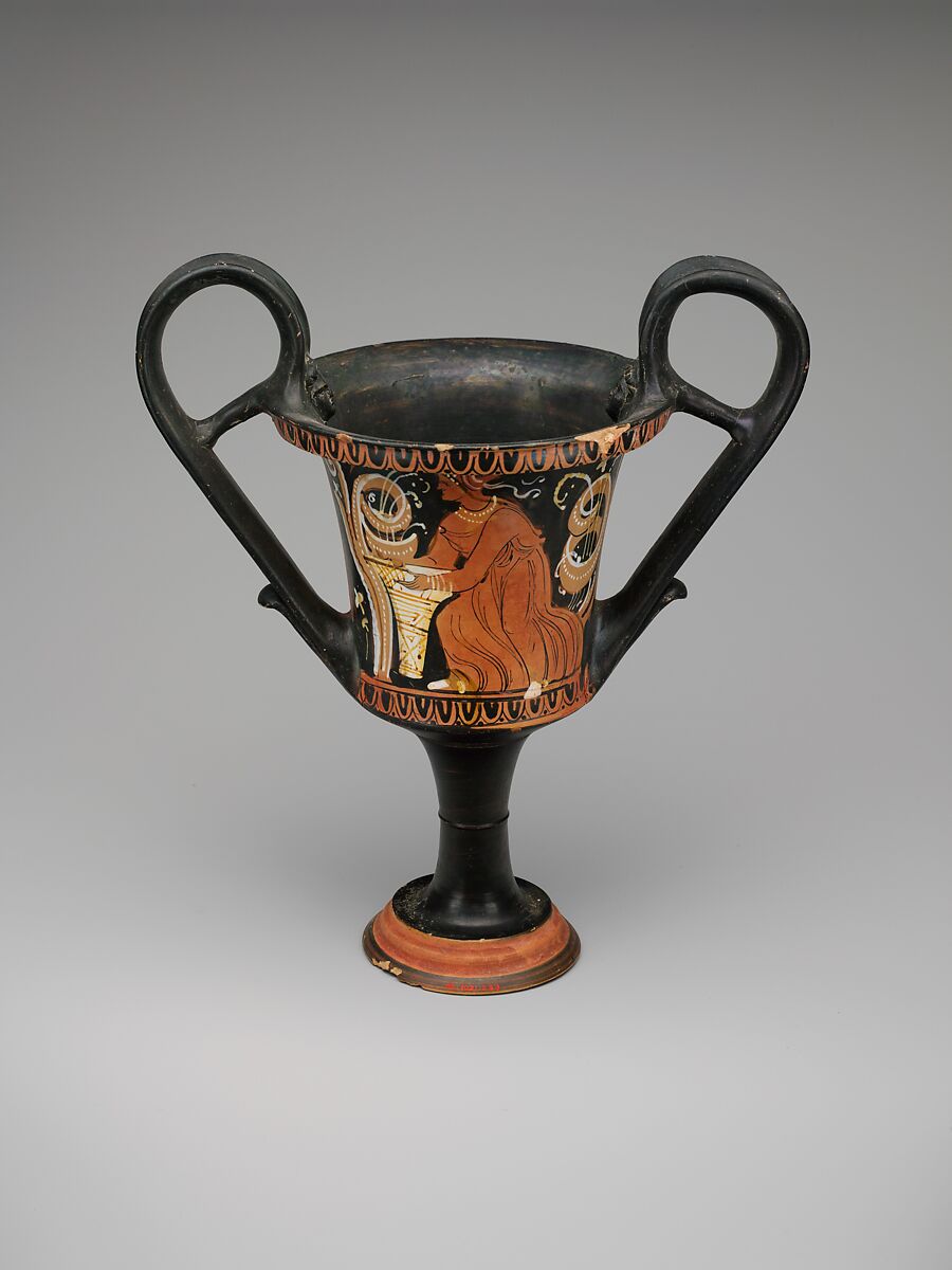 Terracotta kantharos (drinking cup with high handles), Attributed to the Painter of Bari 5981, Terracotta, Greek, South Italian, Apulian