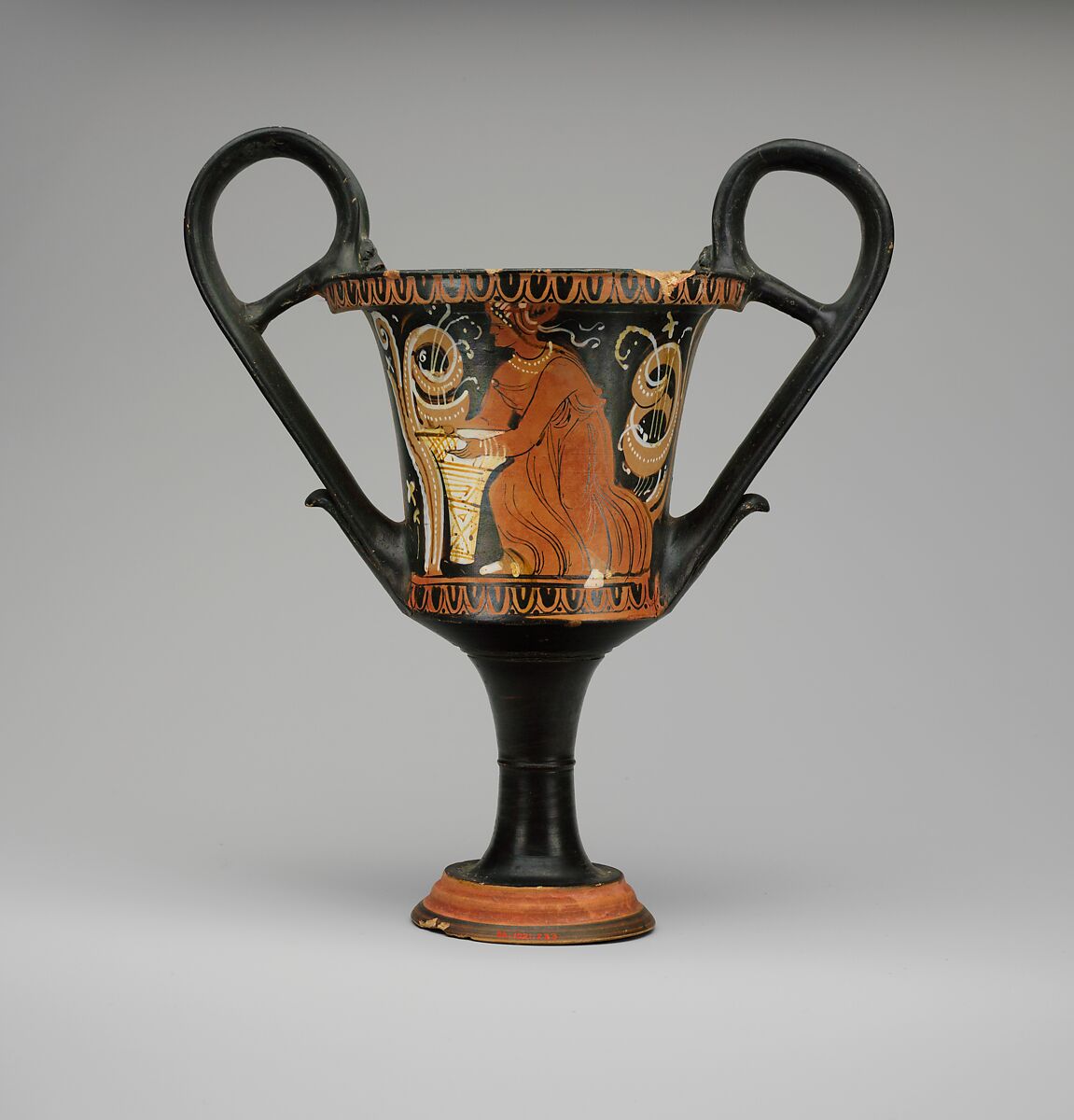 Terracotta kantharos (drinking cup with high handles), Attributed to the Painter of Bari 5981, Terracotta, Greek, South Italian, Apulian