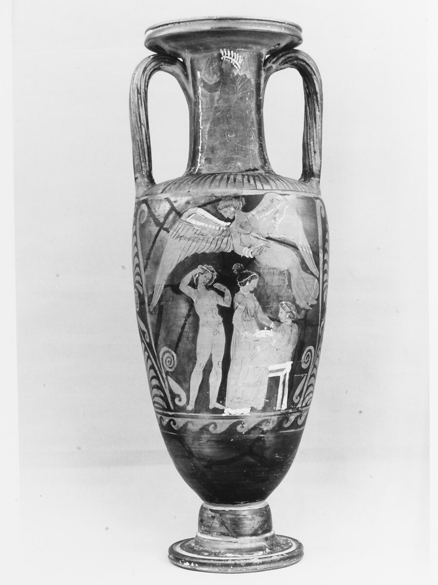 Terracotta neck-amphora (jar), Attributed to the Ixion Painter, Terracotta, Greek, South Italian, Campanian 