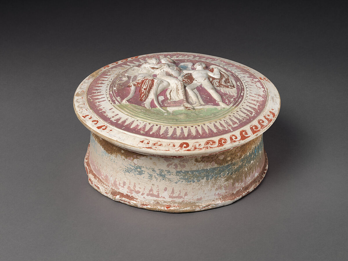 Terracotta pyxis (box), Terracotta, Greek, South Italian, Apulian, Canosan 