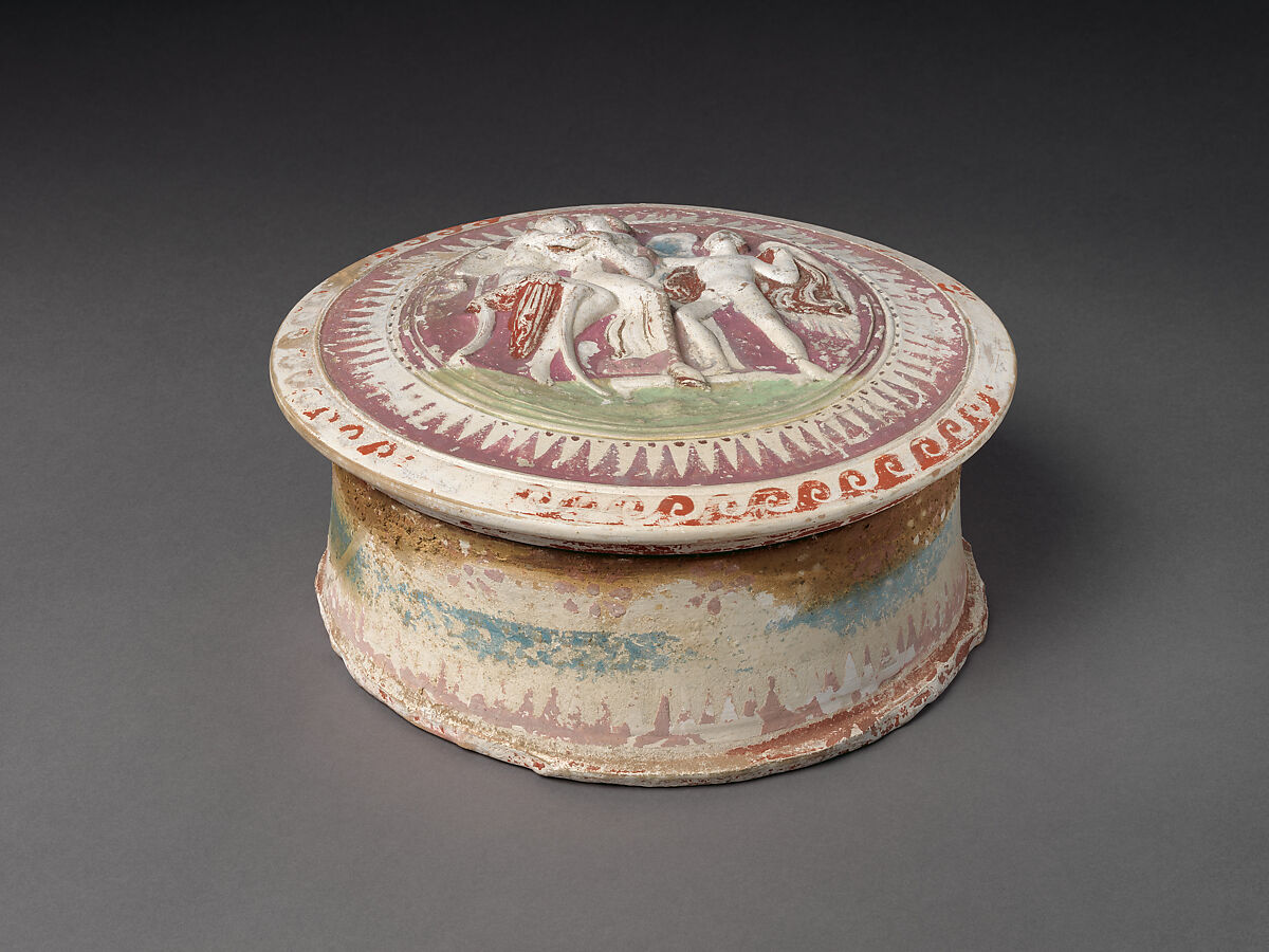 Terracotta pyxis (box), Terracotta, Greek, South Italian, Apulian, Canosan