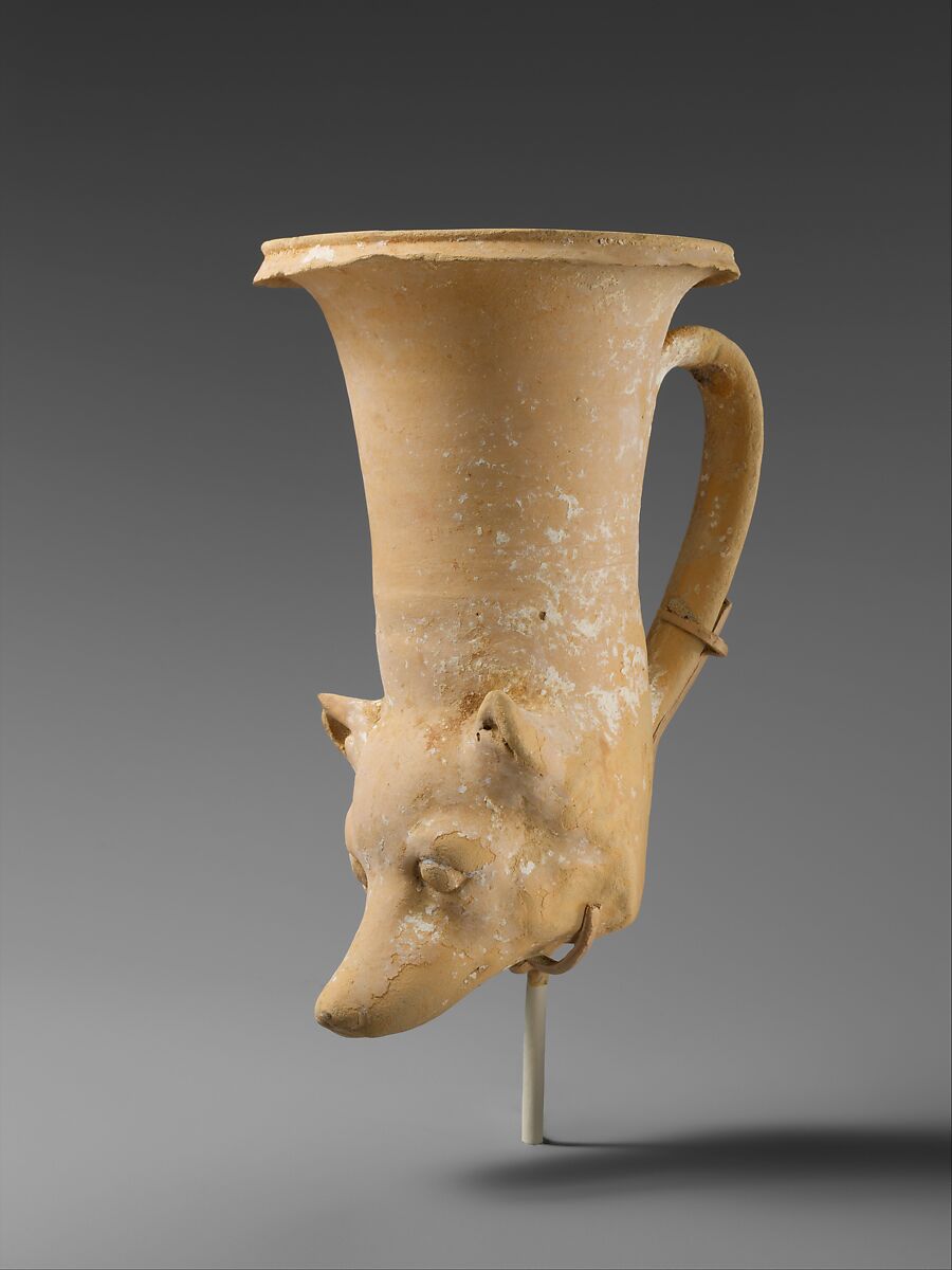 Terracotta rhyton (vase for libations or drinking), Terracotta, Greek, South Italian, Apulian, Tarentine 