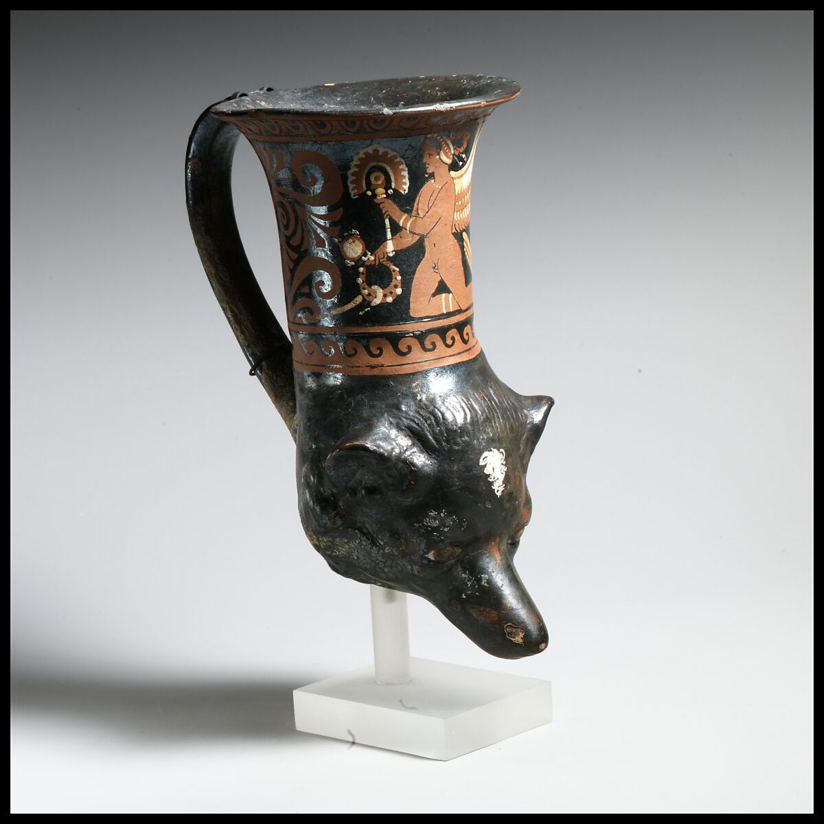 Terracotta rhyton in the shape of a dog’s head, Terracotta, Greek, South Italian, Apulian 