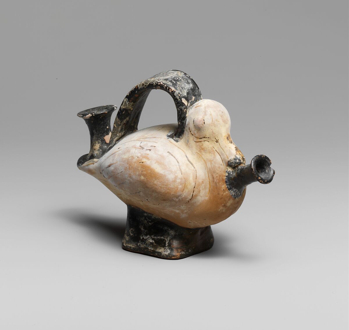 Terracotta askos (flask with a spout and handle over the top) in the form of a duck, Terracotta, Greek, Attic 