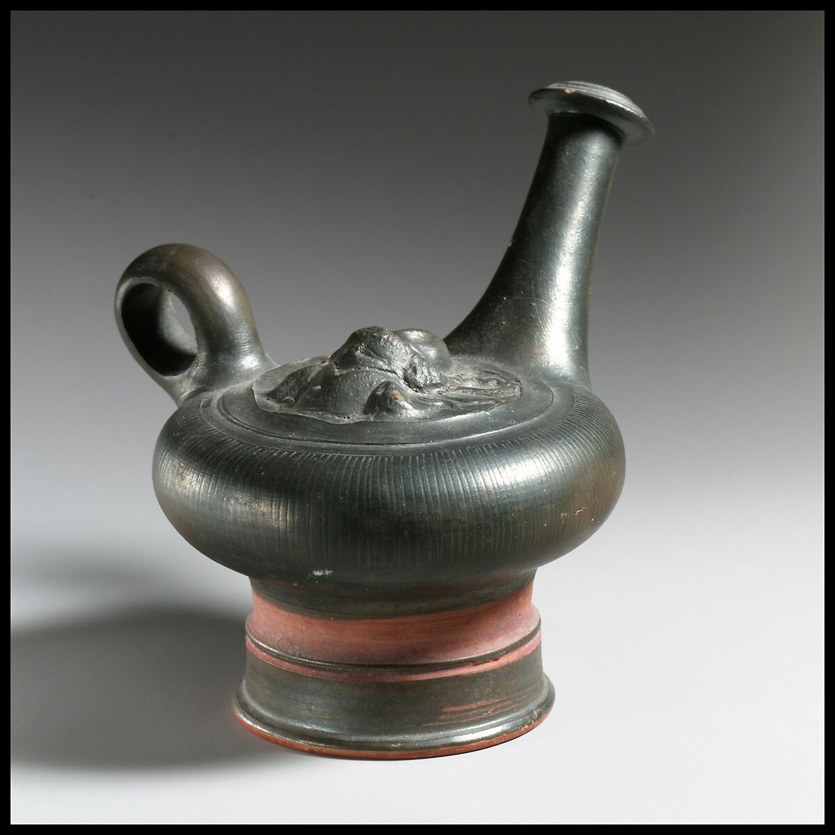 Terracotta guttus (flask with handle and vertical spout), Terracotta, Greek, South Italian, Campanian 