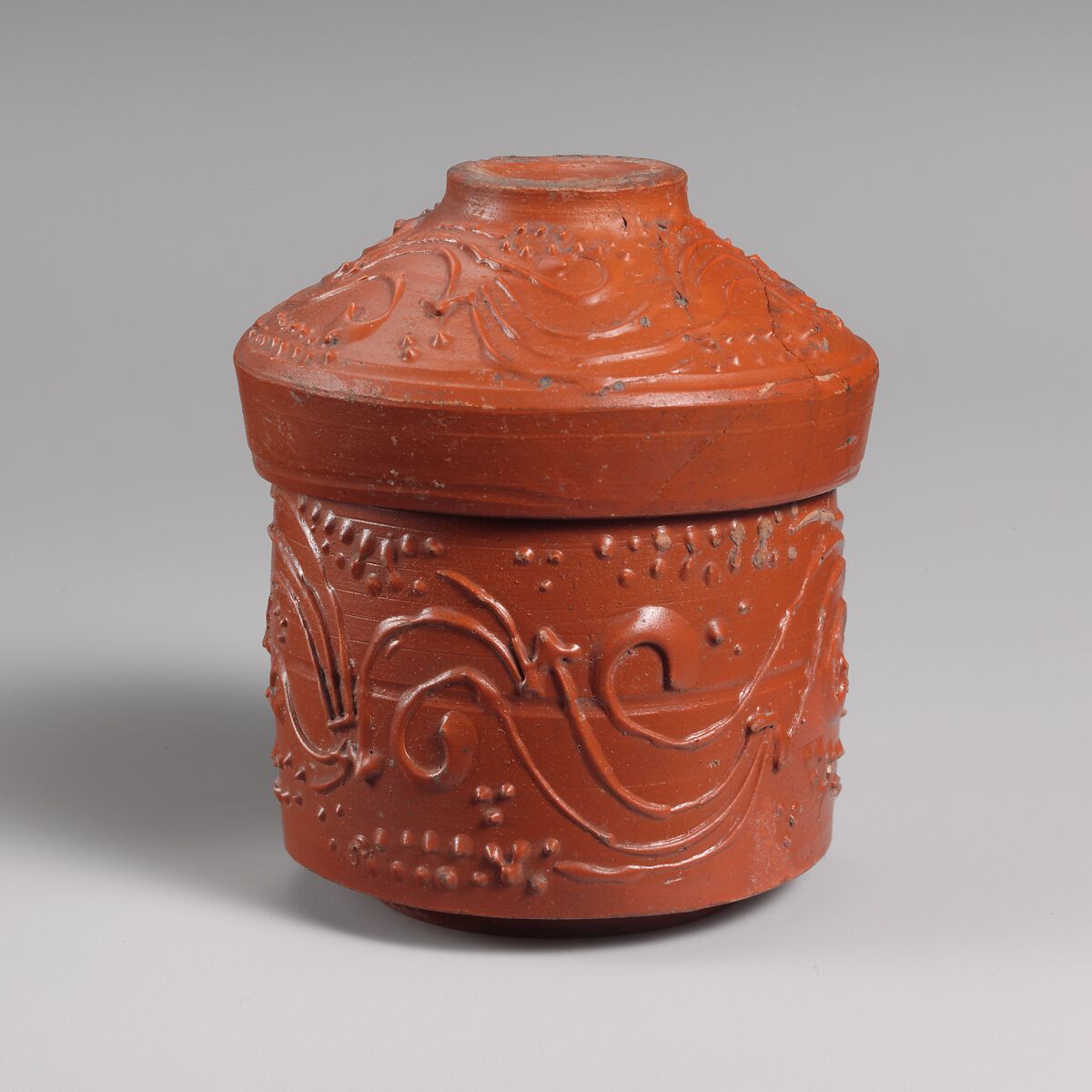 Terracotta pyxis (box) with lid, Terracotta, Roman 