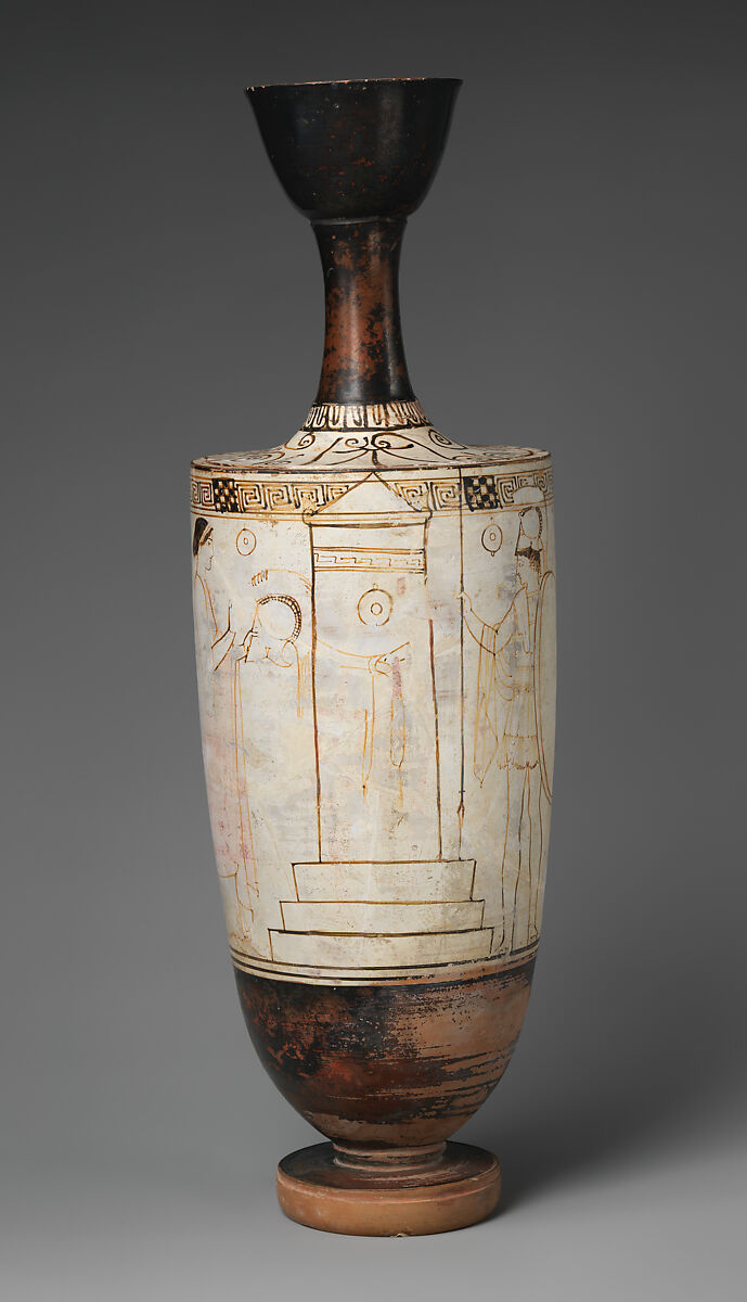 Terracotta lekythos (oil flask), Attributed to the Inscription Painter, Terracotta, Greek, Attic
