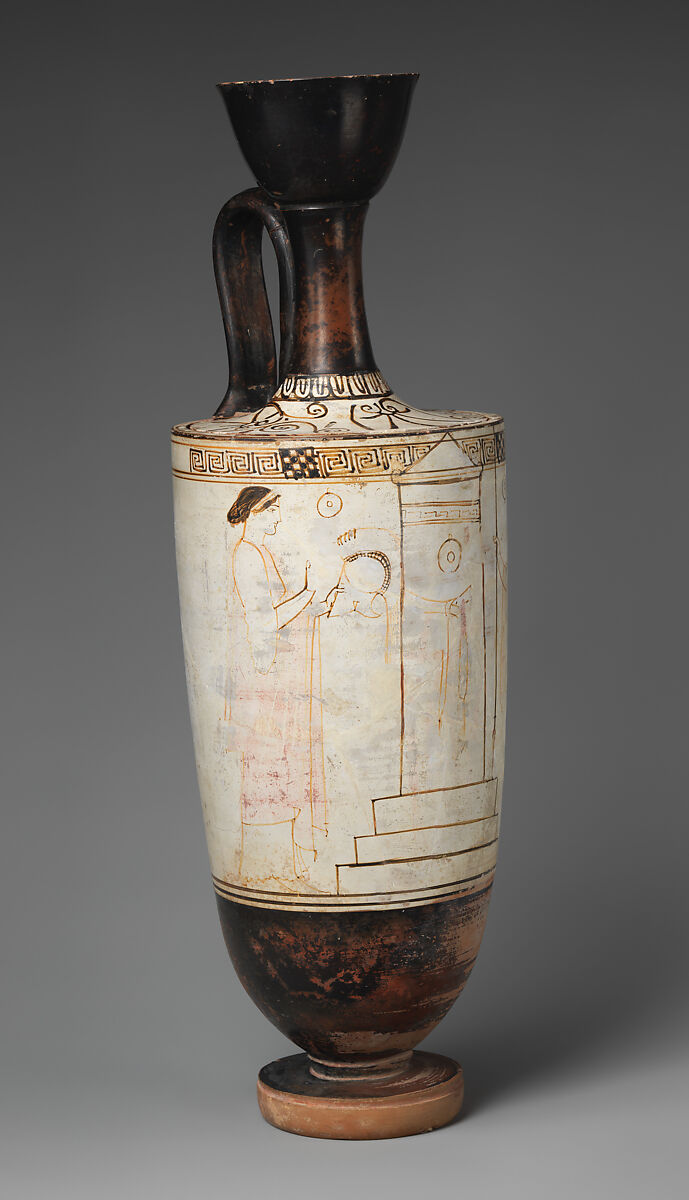 Terracotta lekythos (oil flask), Attributed to the Inscription Painter, Terracotta, Greek, Attic