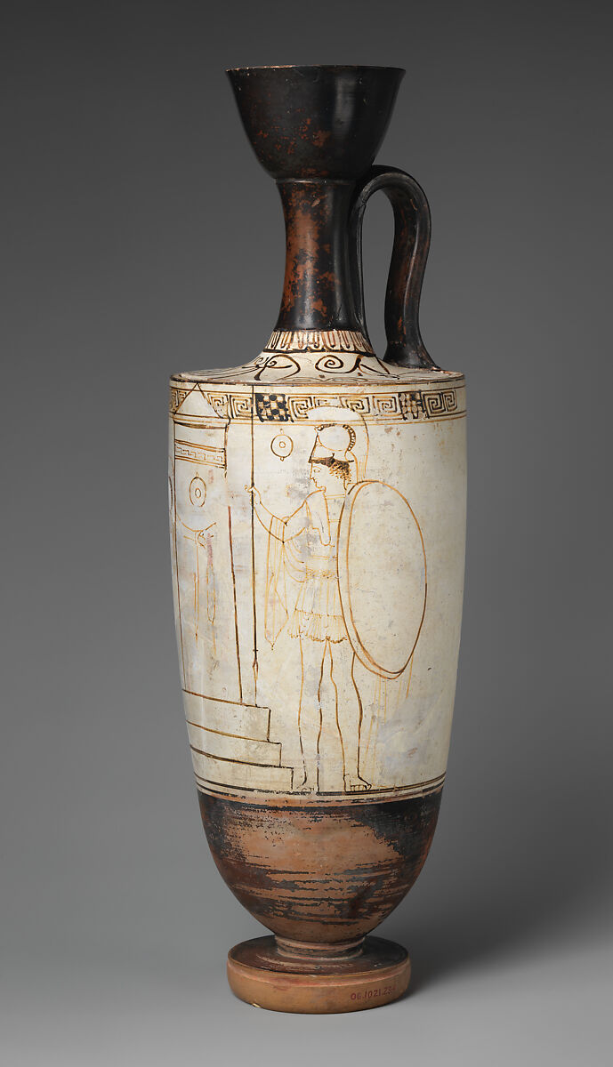 Terracotta lekythos (oil flask), Attributed to the Inscription Painter, Terracotta, Greek, Attic
