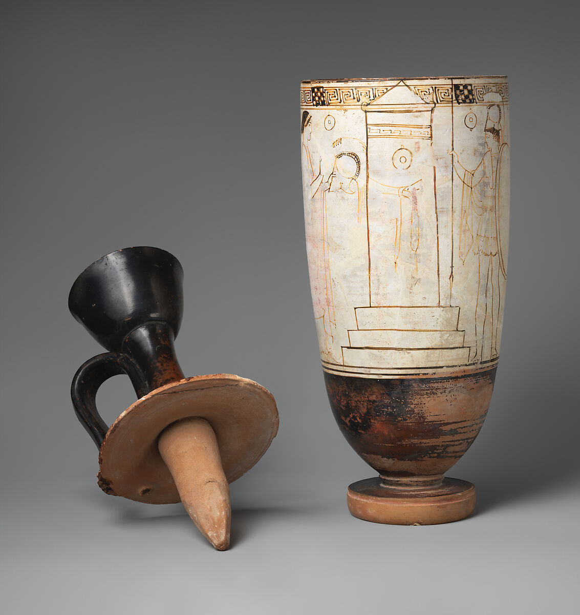 Terracotta lekythos (oil flask), Attributed to the Inscription Painter, Terracotta, Greek, Attic